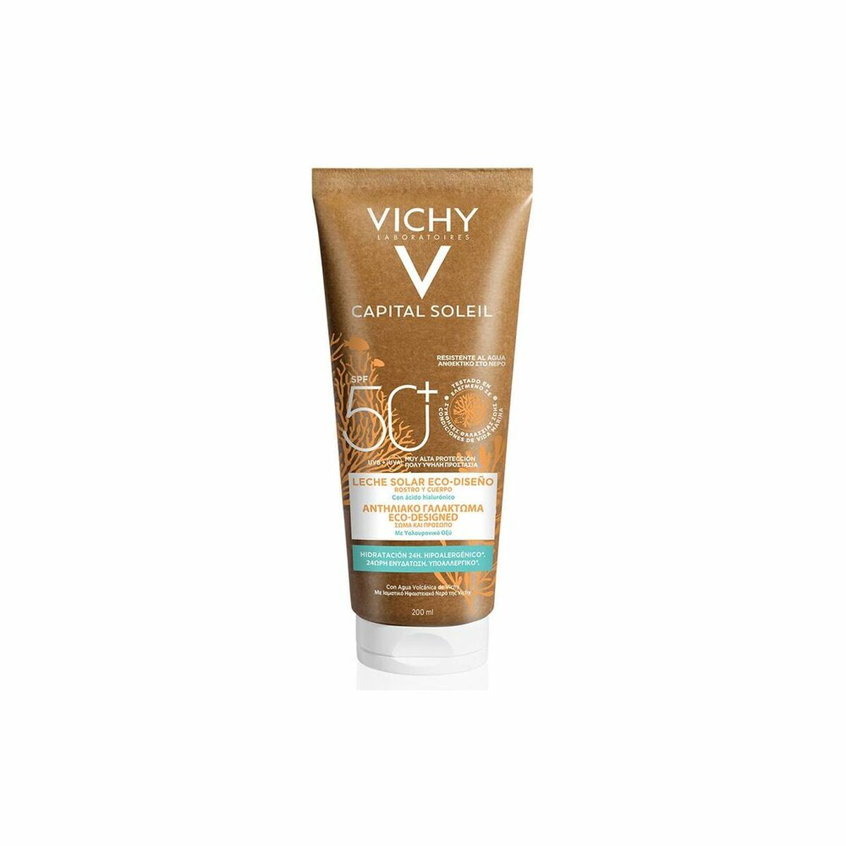 Crème solaire Vichy Capital Soleil SPF 50+ éco-conçue, tube de 200 ml, protection solaire efficace.