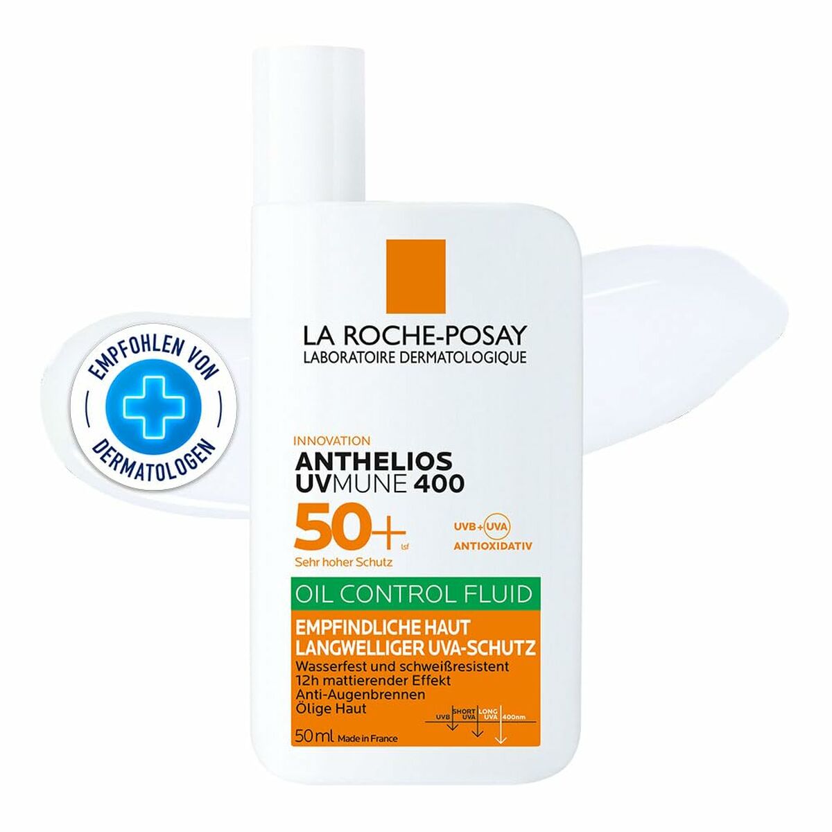 Protecteur solaire La Roche-Posay Anthelios UVMune 400 SPF 50+ en flacon de 50 ml, protection anti-UV, contrôle huileux.