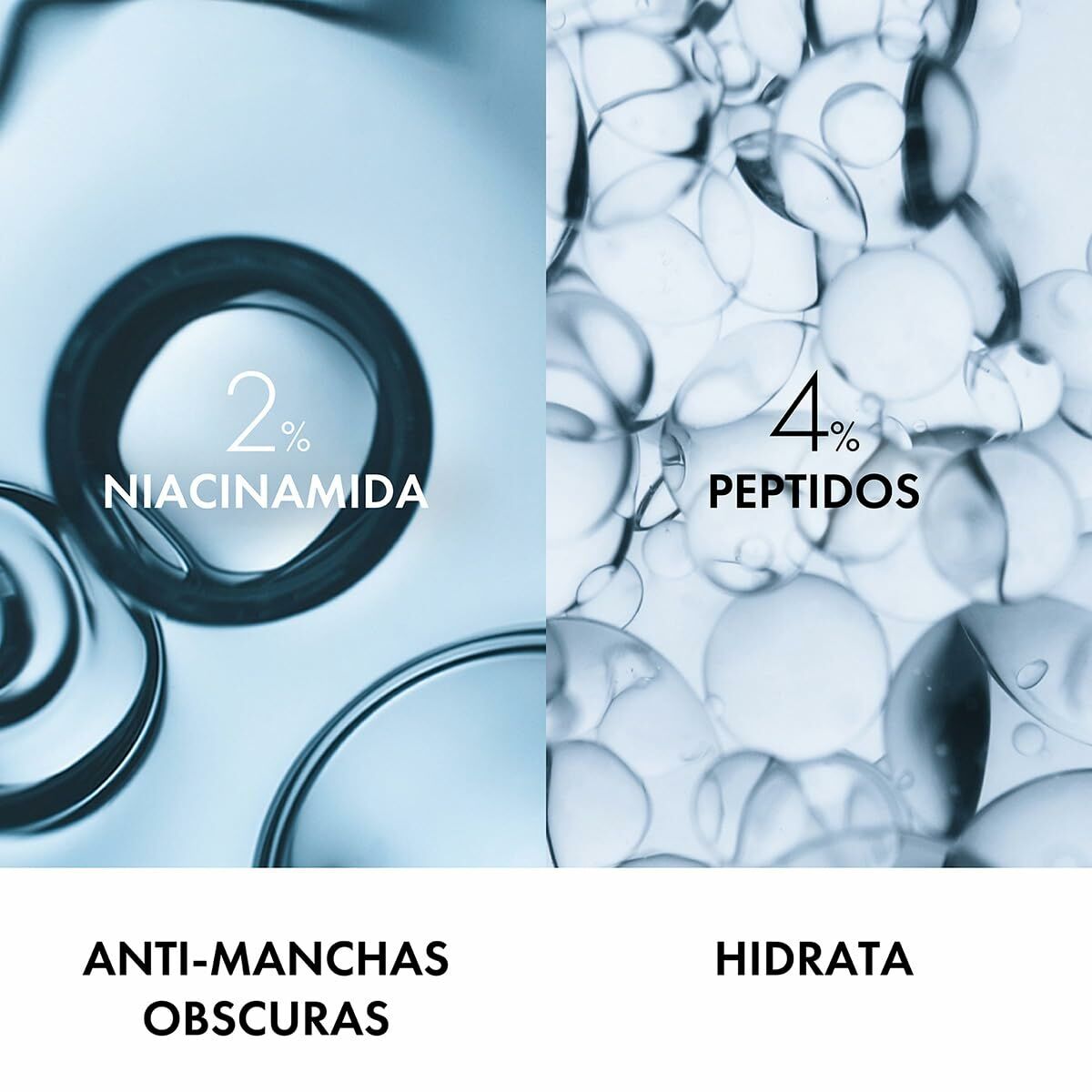 Image showcasing skincare ingredients: 2% Niacinamide for dark spots and 4% Peptides for hydration.