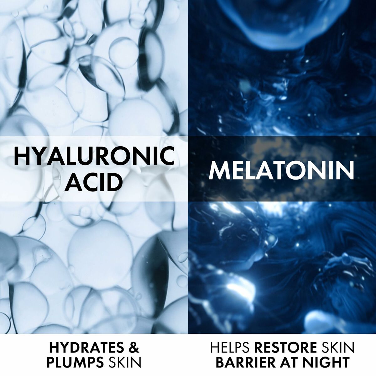 Close-up image of hyaluronic acid and melatonin, showcasing their hydrating and skin barrier restoration benefits.