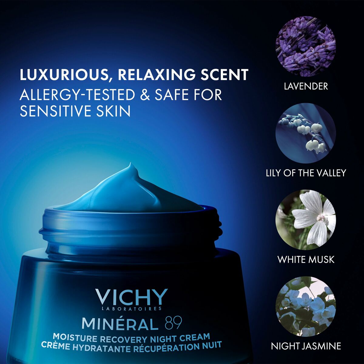Crème visage Vichy MINÉRAL 89 featuring relaxing lavender, lily of the valley, and white musk for sensitive skin.