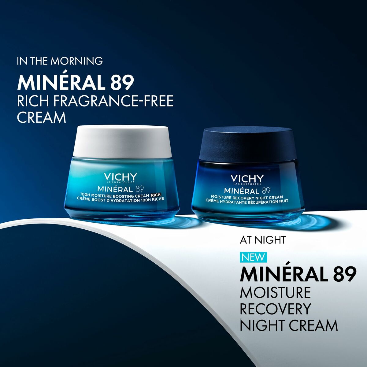 Vichy MINÉRAL 89 morning and night creams for hydration and recovery, fragrance-free and moisture-boosting.