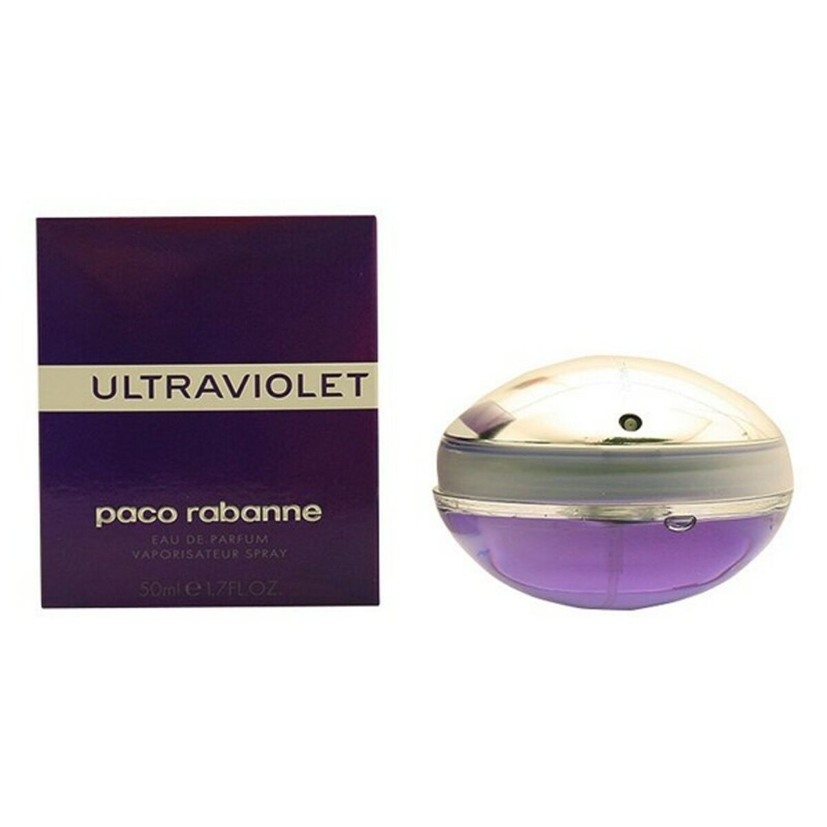 Paco Rabanne Ultraviolet Eau de Parfum 50ml bottle and box, a feminine fragrance exuding elegance.