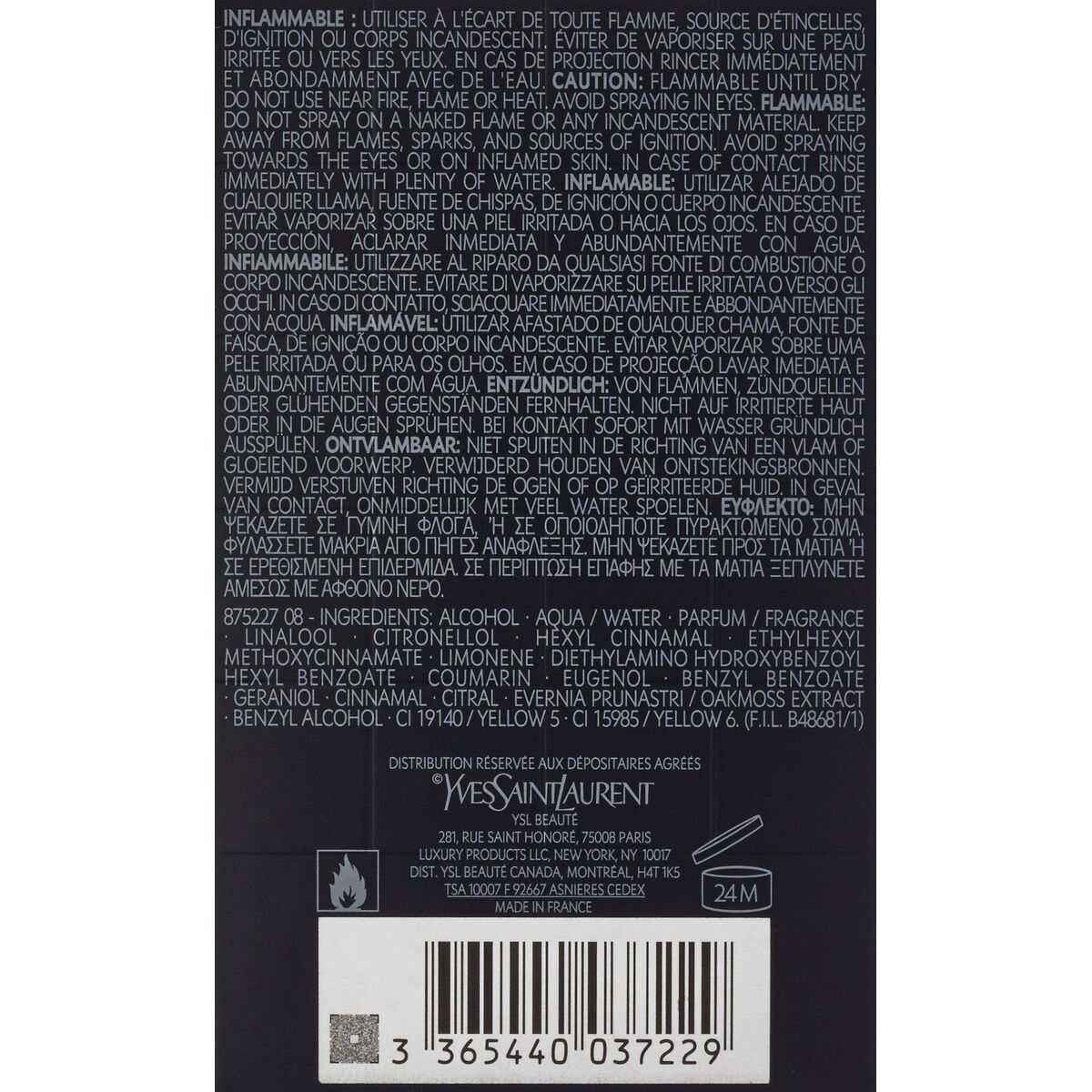Ingredients and safety instructions for Yves Saint Laurent Parfum Homme EDT, detailed in French.