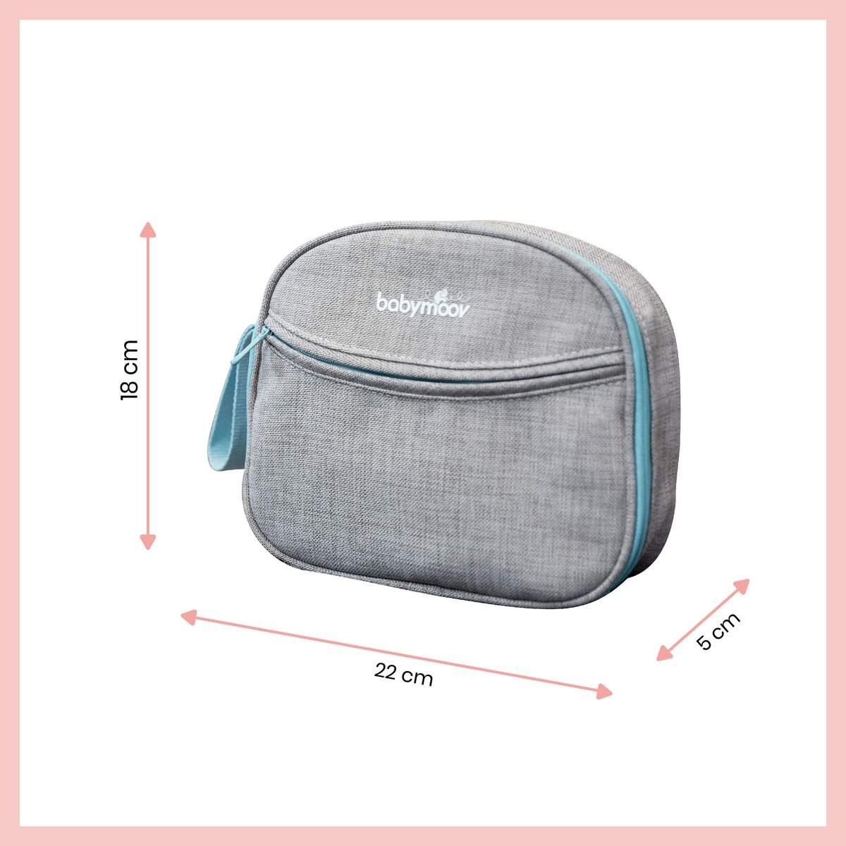 Grey Babymoov storage pouch with blue zipper, dimensions 22x18x5 cm, ideal for organizing baby essentials.
