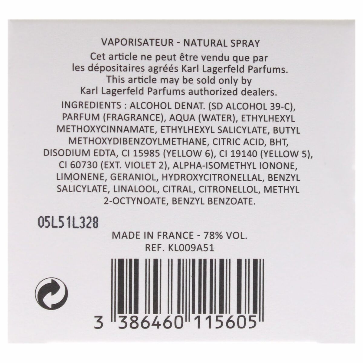 Ingredient list and details for Karl Lagerfeld Parfum Femme, EDP natural spray, 60 ml.