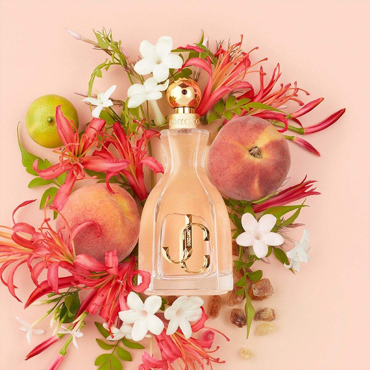 Parfum Femme Jimmy Choo I Want Choo EDP 60ml avec des fleurs et des fruits sur fond rose, exprimant la féminité.