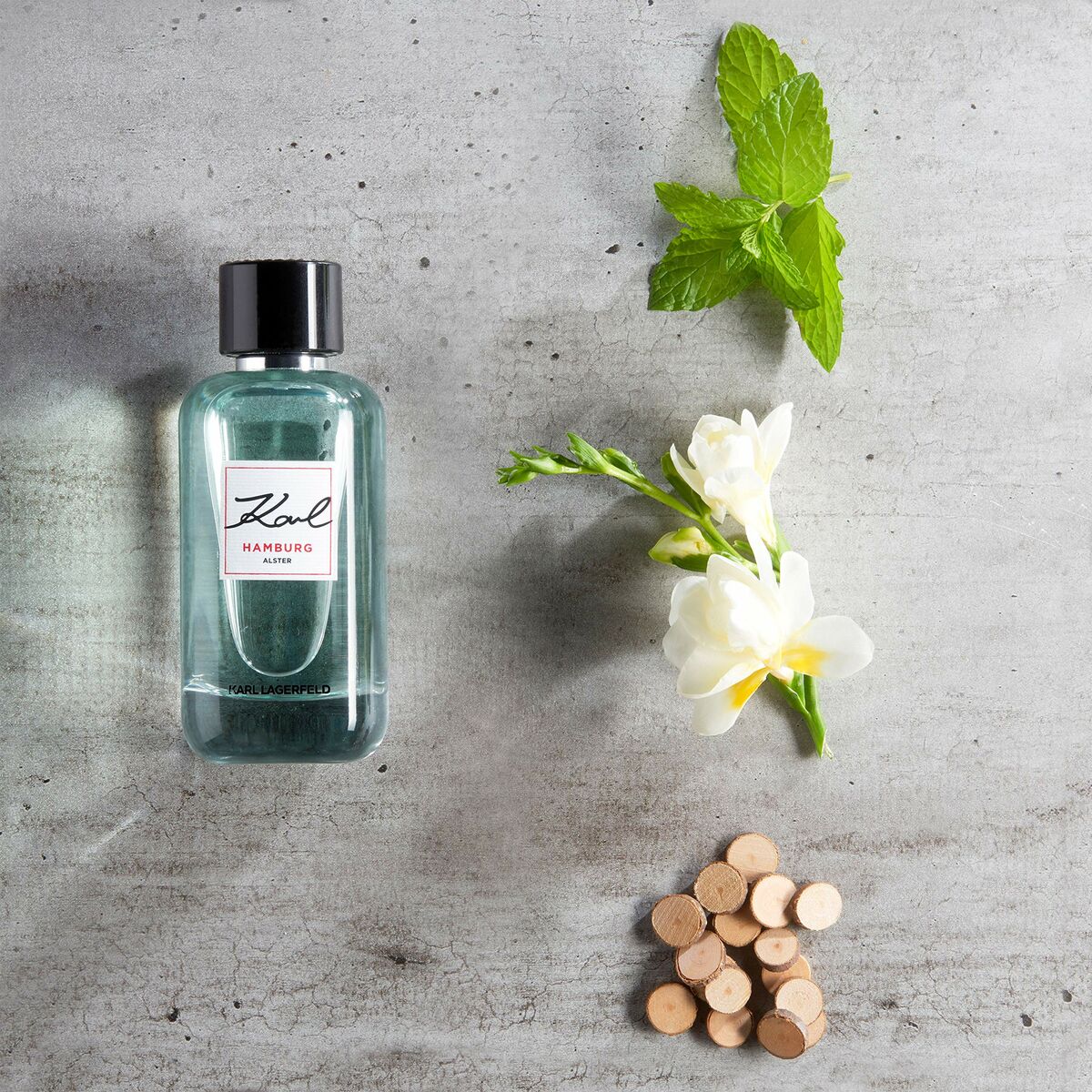 Parfum Homme Karl Lagerfeld Karl Hamburg Alster 60 ml with mint and floral accents on a textured surface.
