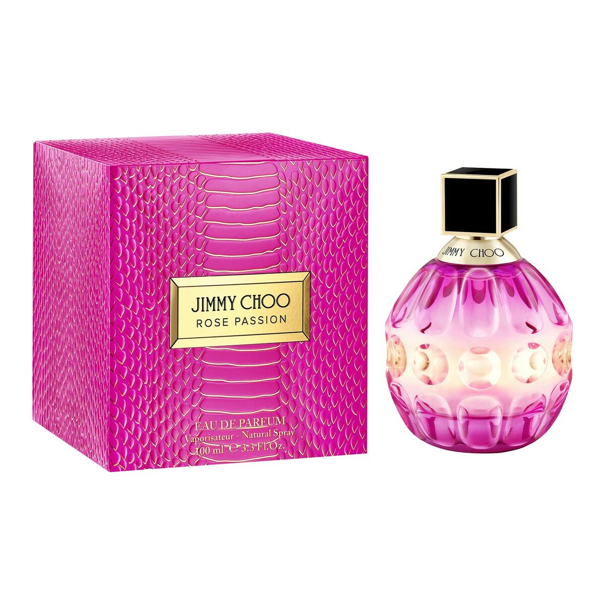 Jimmy Choo Rose Passion EDP 100 ml bottle and packaging, portraying elegance and femininity in a vibrant design.