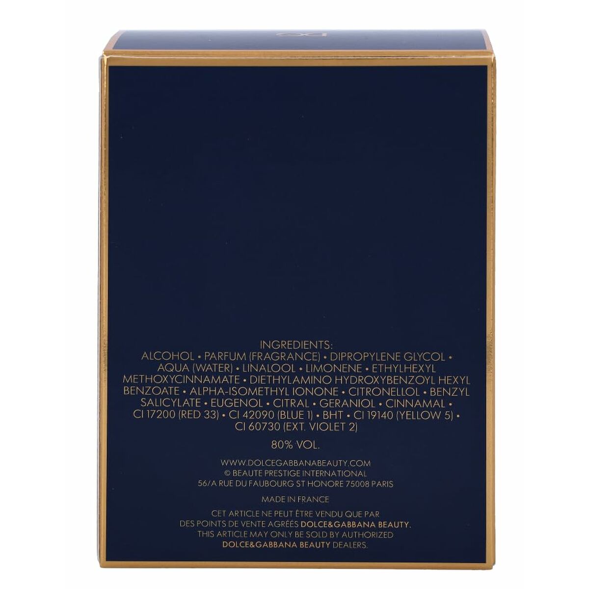 Ingredients list for Parfum Homme D&G I0098940 EDT 50 ml on a blue box background.