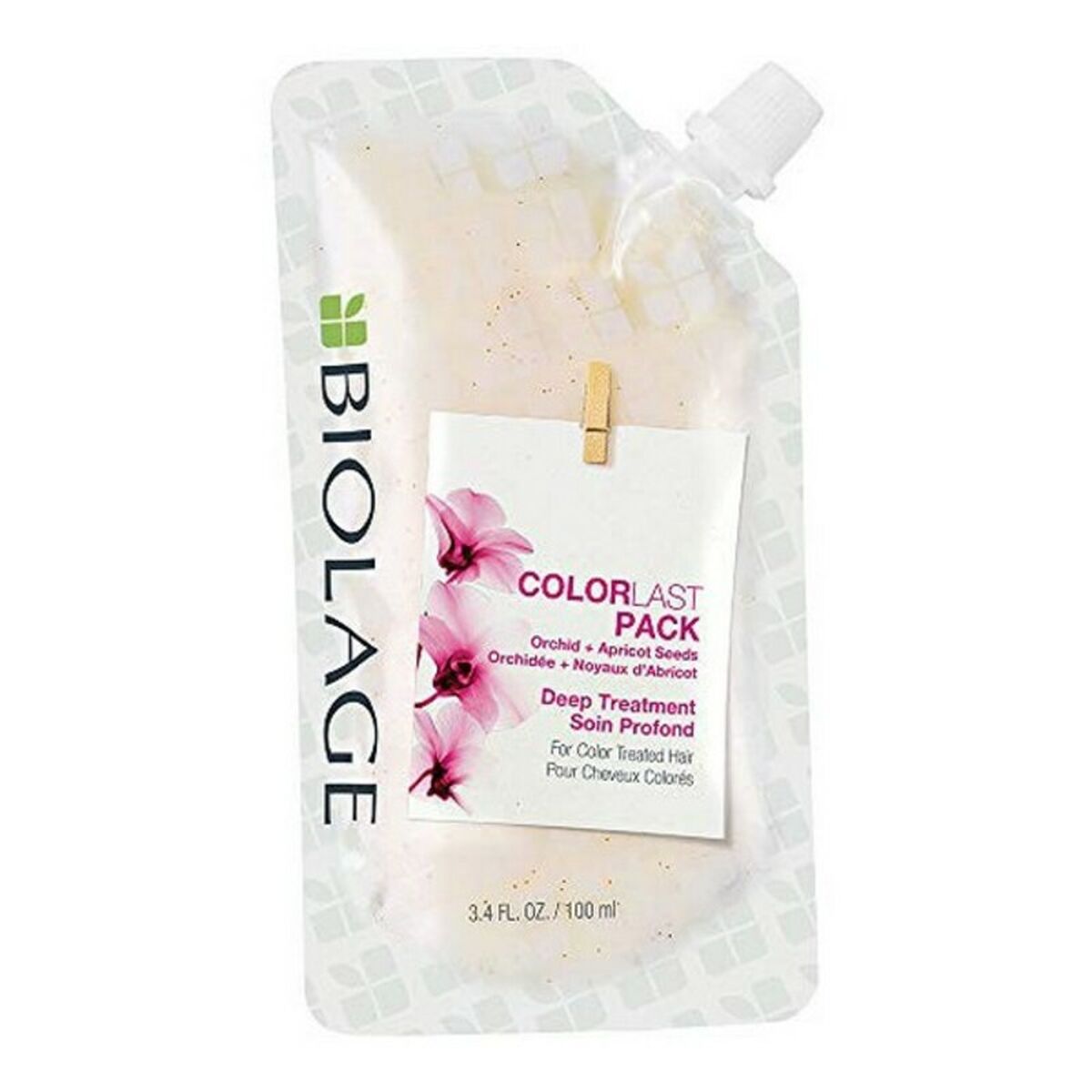 Biolage Colorlast Pack deep treatment for color-treated hair, 100 ml with orchid and apricot seeds.