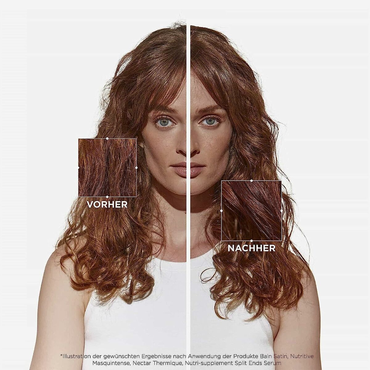 Before and after image showing hair transformation using Kerastase Nutritive Serum for healthier, smoother hair.
