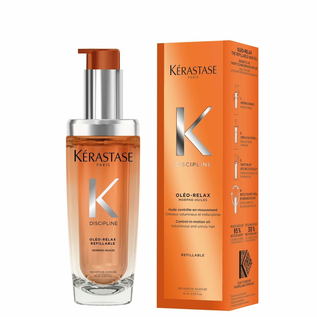 Kerastase Discipline Oleo-Relax hair oil 75 ml with refillable packaging for frizz control and smooth hair.