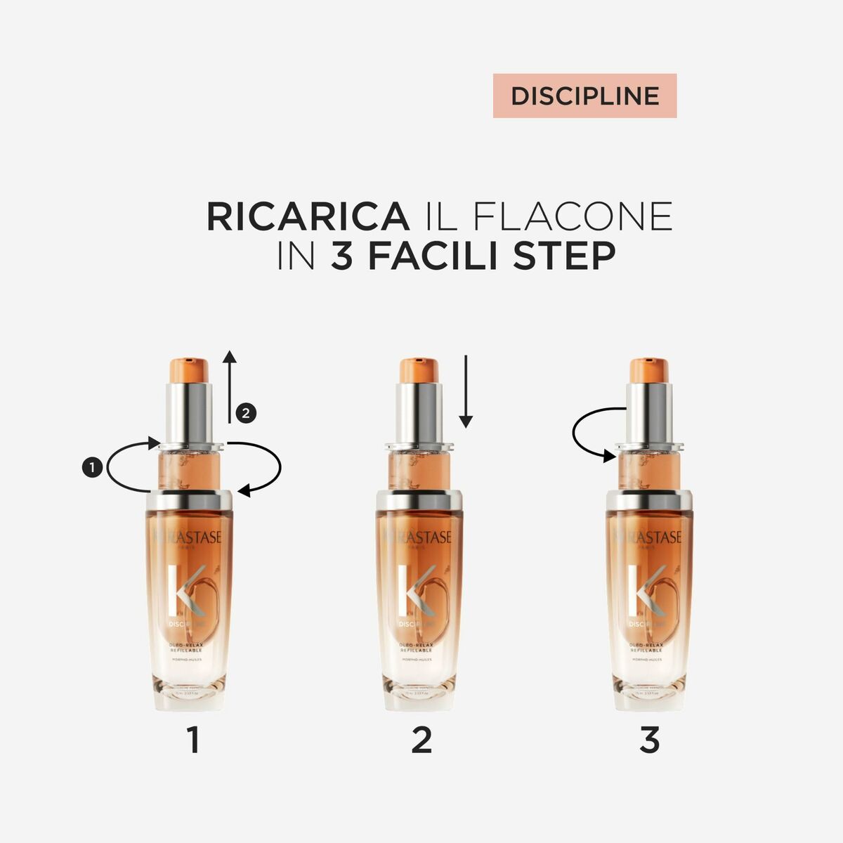 Instructions for refilling Kerastase product in 3 easy steps with numbered visuals.