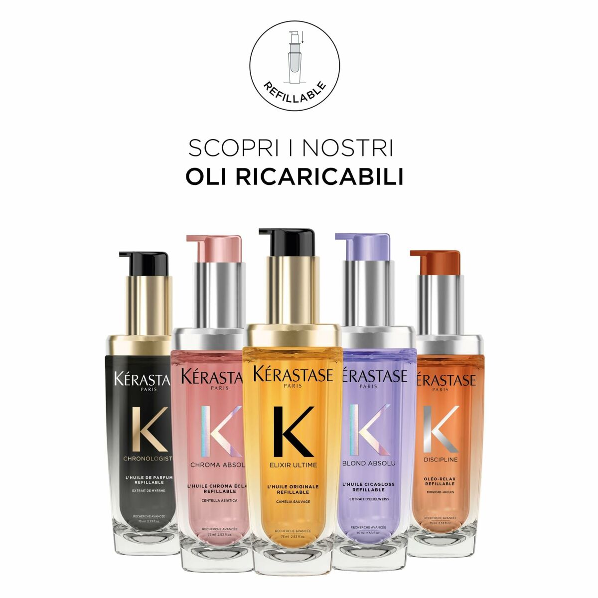 Gamme d'huiles rechargeables Kerastase avec différents flacons, mettant en avant leur nature durable et innovante.