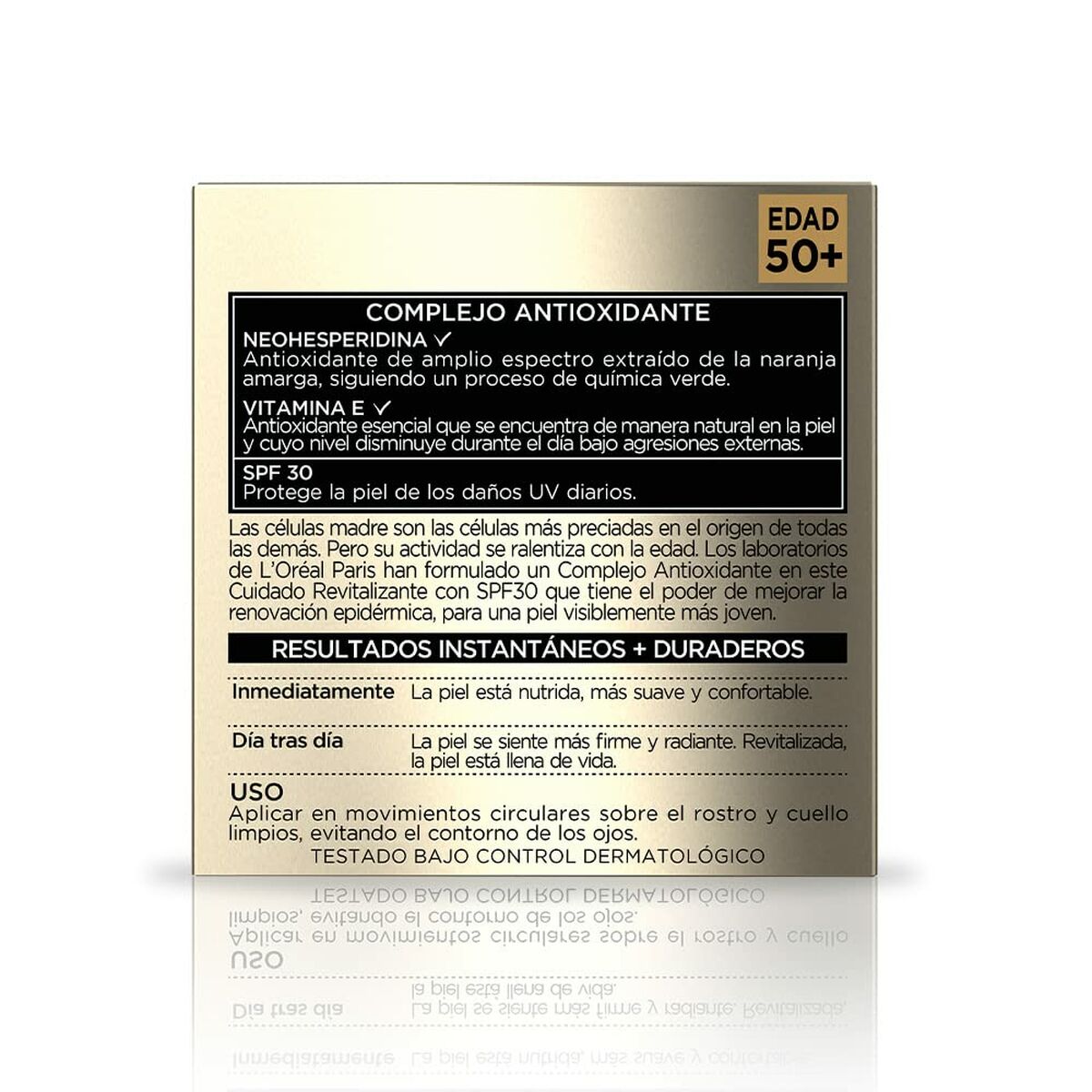 Étiquette du produit Crème Anti-âge L'Oreal avec SPF 30, ingrédients anti-oxydants et instructions d'utilisation.