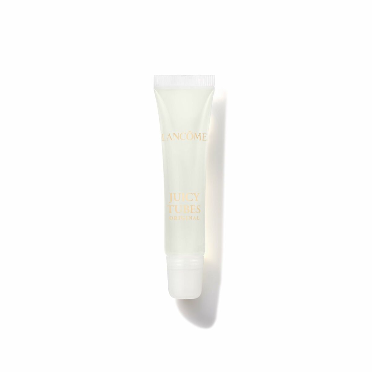 Rouge à lèvres Lancôme JUICY TUBES tube transparent avec bouchon blanc, montré sur fond blanc.