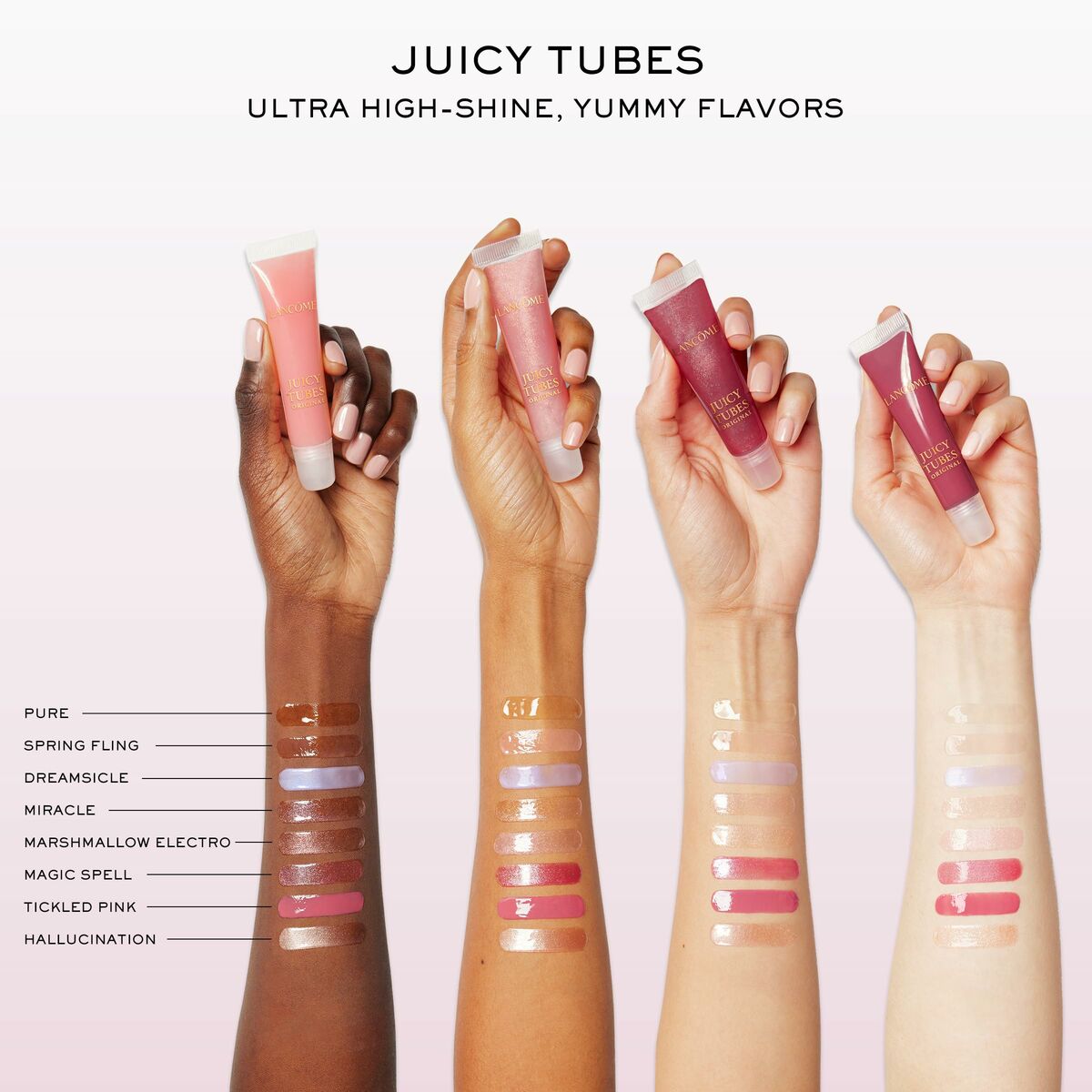 Rouge à lèvres Lancôme Juicy Tubes showing swatches of Ultra High-Shine colors and flavors.