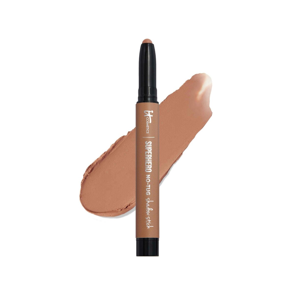 It Cosmetics Superhero Tug Tough Tan correcteur facial stick with cream swatch, 20g, waterproof, cruelty-free makeup.