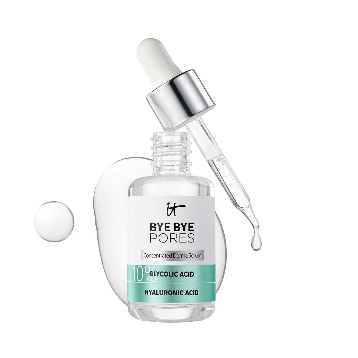 It Cosmetics Bye Bye Pores Concentrated Derma Serum with Glycolic Acid and Hyaluronic Acid in a glass dropper bottle.