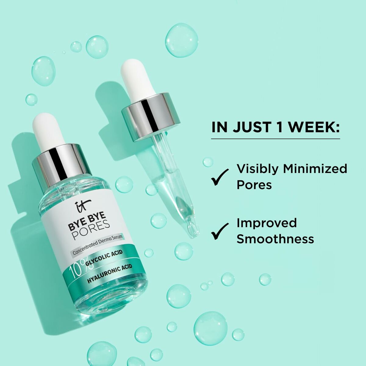 It Cosmetics Bye Bye Pores serum with dropper on mint background, promotes minimized pores and improved skin smoothness.