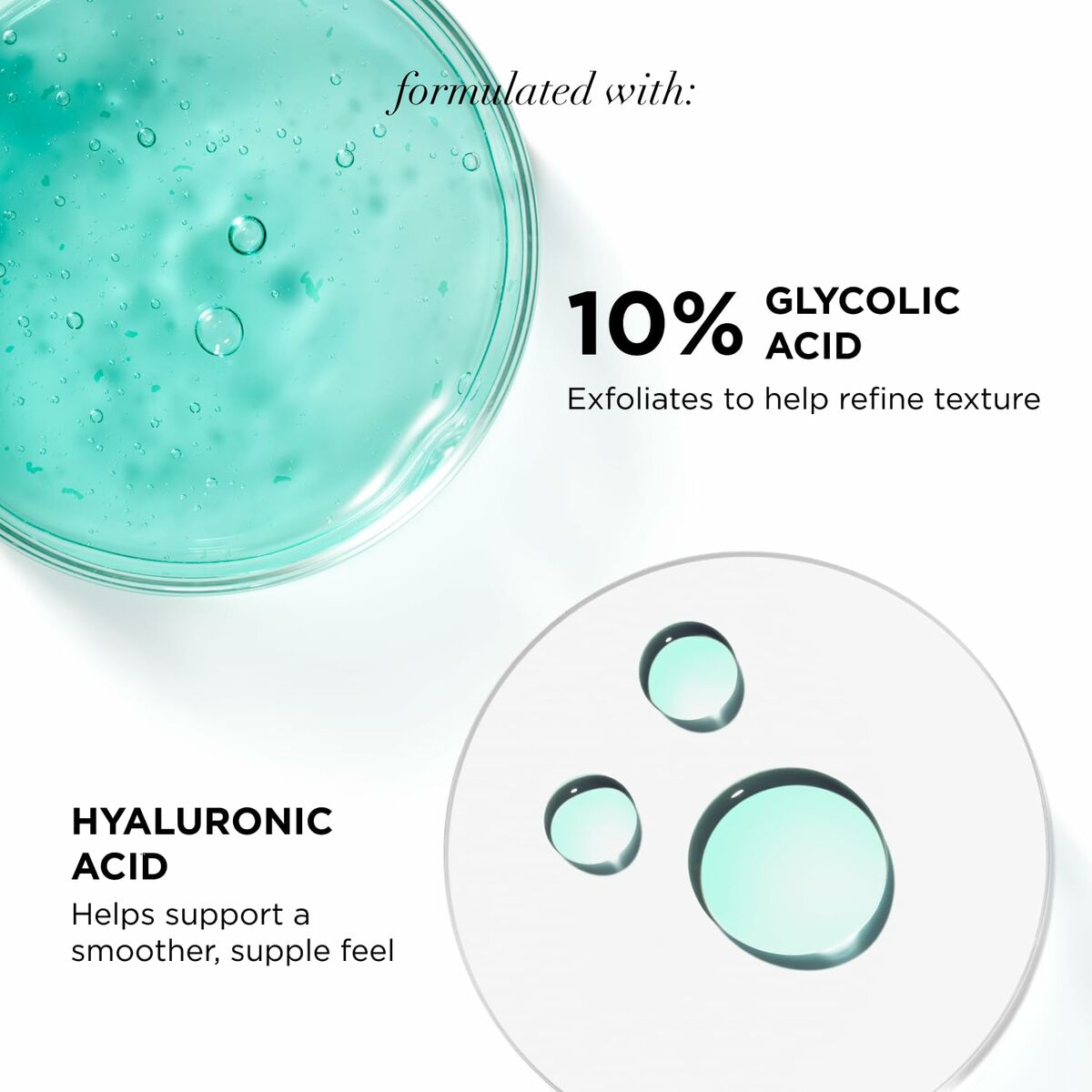 Close-up of a skincare product highlighting 10% Glycolic Acid and Hyaluronic Acid benefits for smoother texture.
