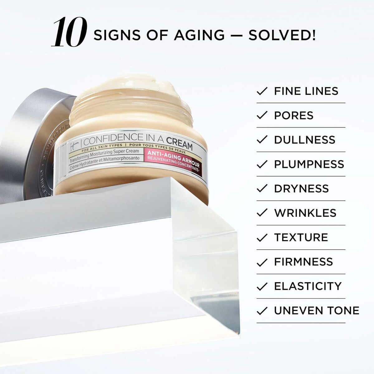 It Cosmetics Confidence Cream 60ml highlighting anti-aging benefits, addressing fine lines, pores, and dryness.