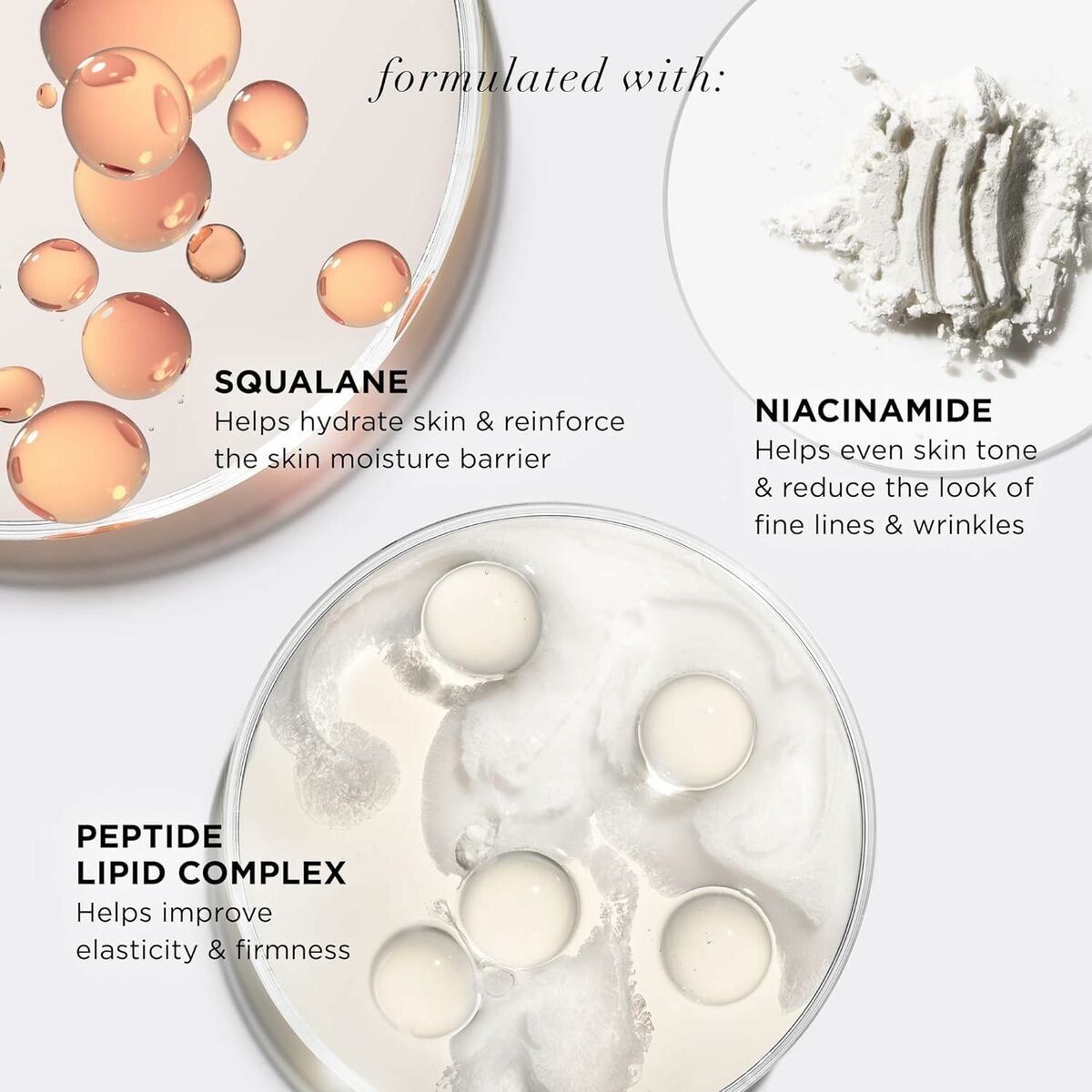 Ingredients of It Cosmetics Confidence cream: Squalane, Niacinamide, and Peptide Lipid Complex for skin hydration and firmness.