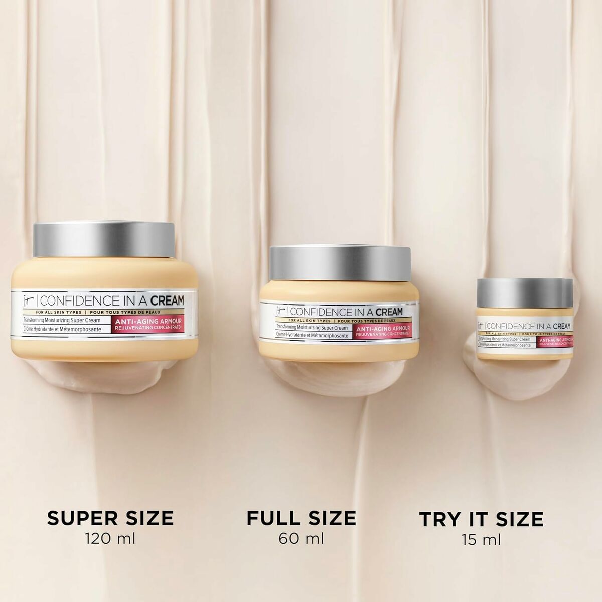 It Cosmetics Confidence in a Cream sizes: Super Size 120ml, Full Size 60ml, Try It Size 15ml on cream background.