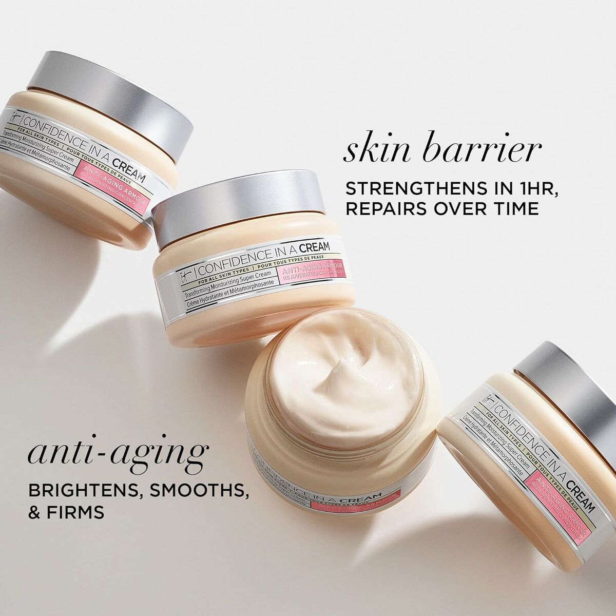It Cosmetics Confidence cream jars highlighting anti-aging and skin barrier benefits, promoting beauty care for women.