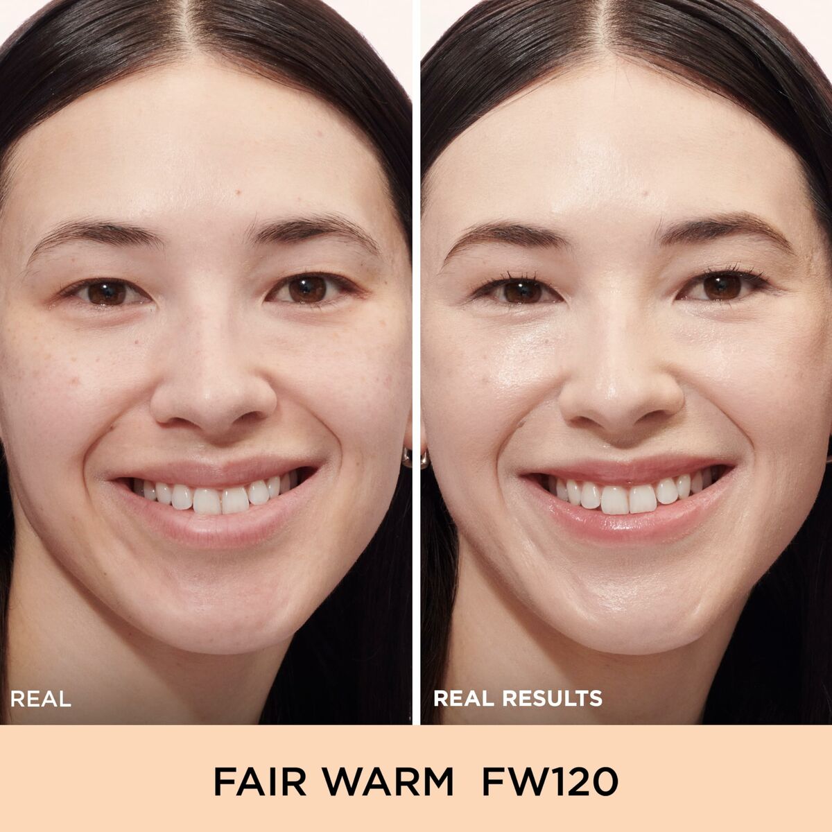 Before and after results of Fair Warm FW120 foundation showcasing radiant skin.