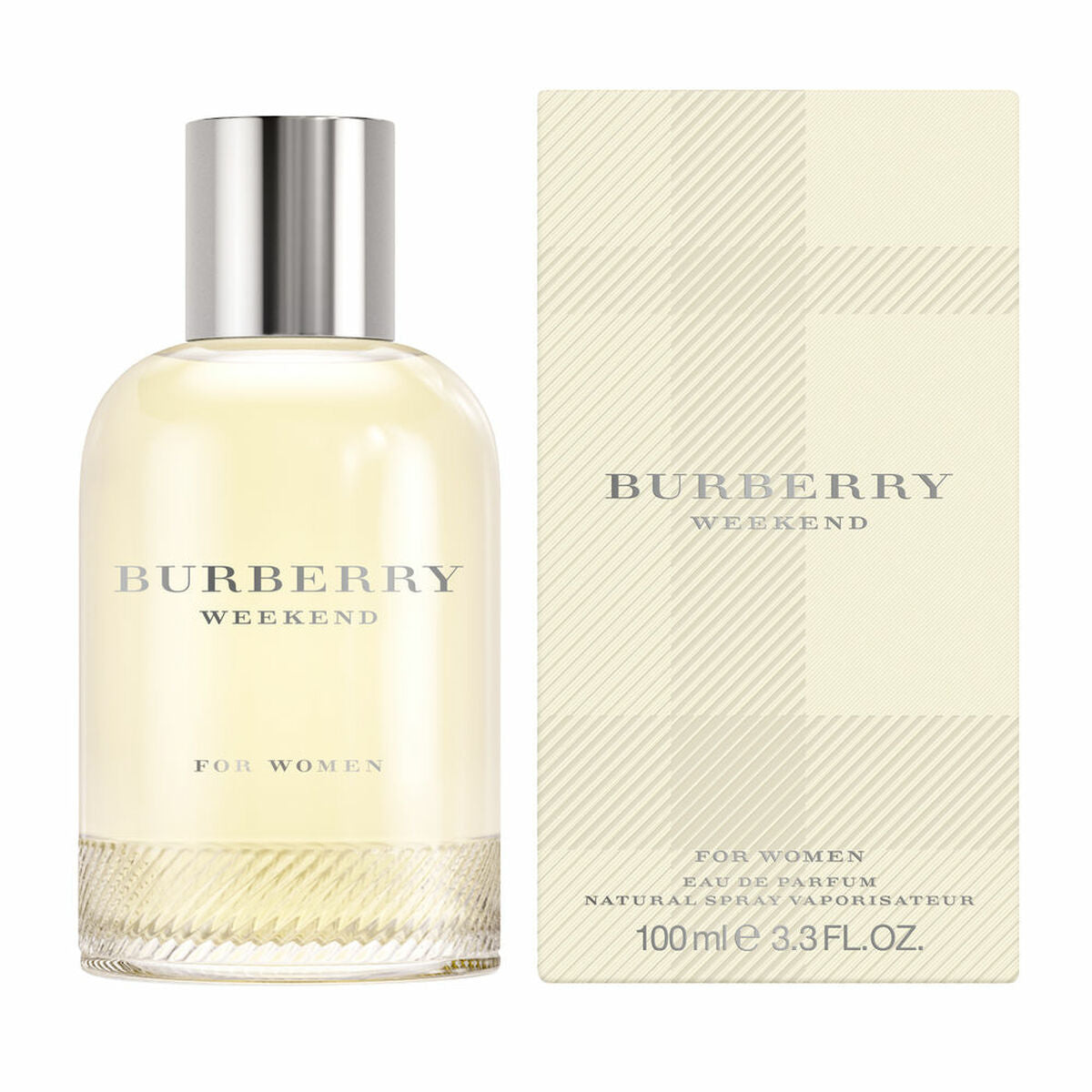 Burberry Weekend EDP 100 ml for women, elegant fragrance in a glass bottle with a stylish box.