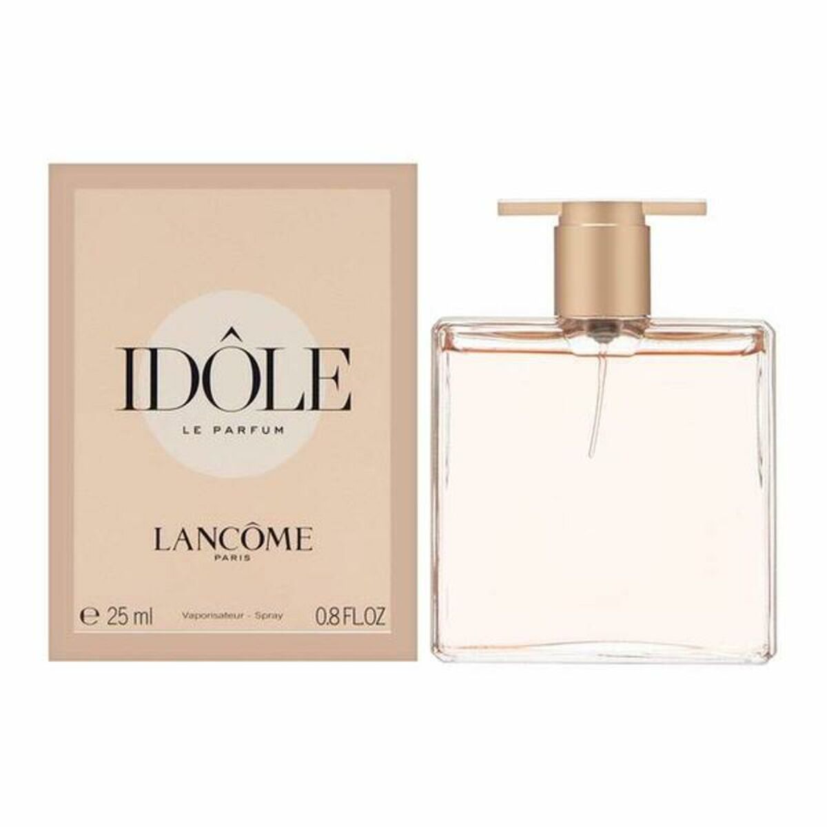 Parfum Femme Lancôme Idole EDP 25 ml avec vaporisateur rechargeable, boîte beige élégante, style moderne.