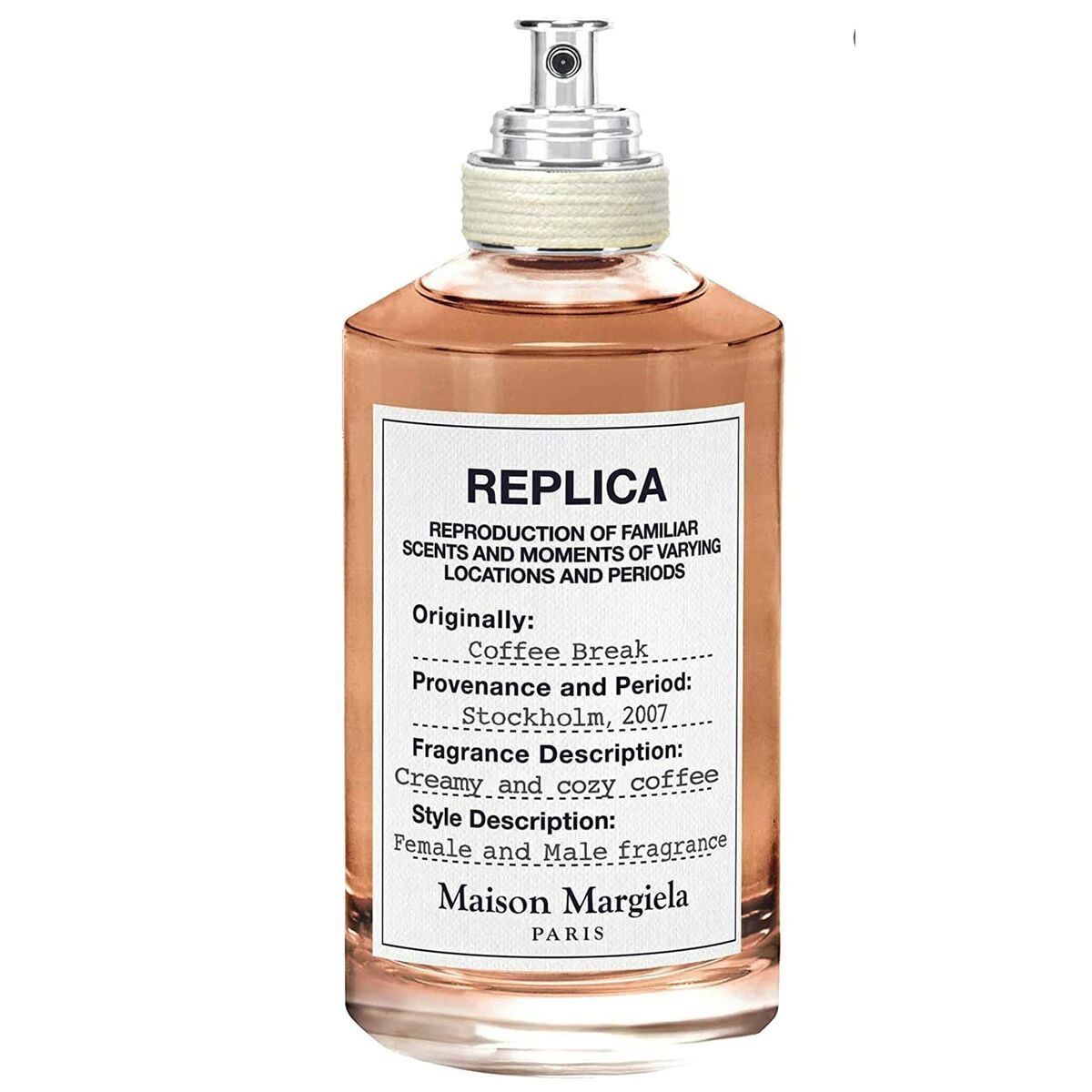 Maison Margiela Replica Coffee Break fragrance bottle, unisex scent with creamy coffee notes, 100 ml EDT.