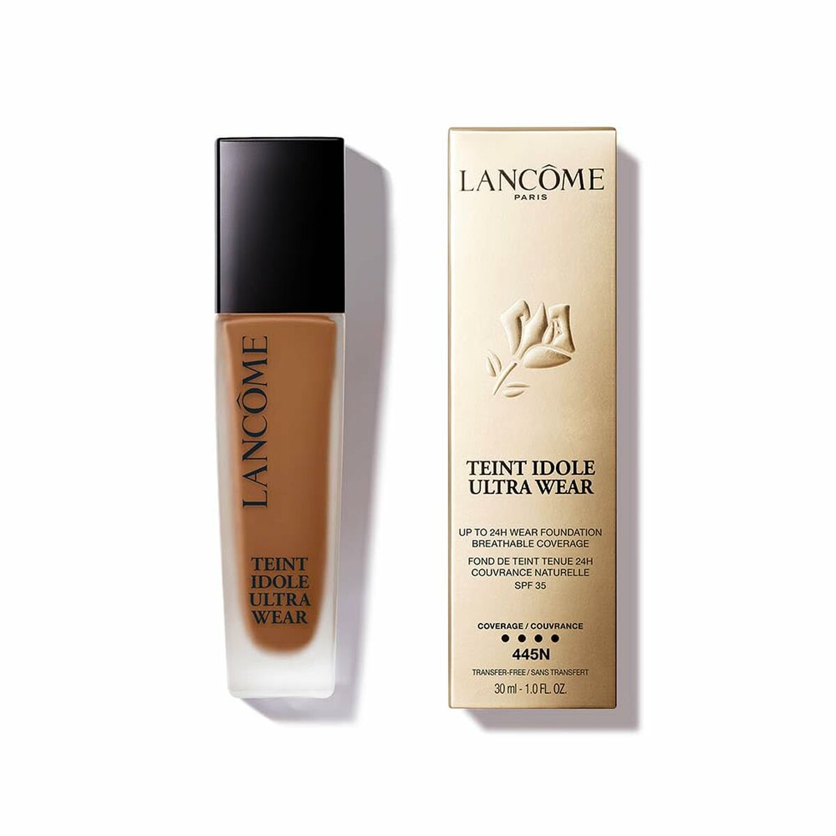 Lancôme Teint Idole Ultra Wear liquid foundation N° 445N SPF 35 in 30 ml bottle, perfect for flawless coverage.