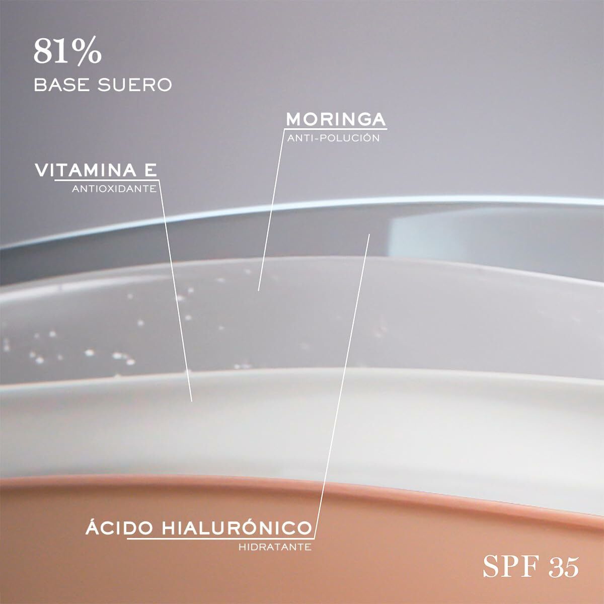 Ingredients of Lancôme Teint Idole Ultra Wear foundation: Hyaluronic Acid, Vitamin E, Moringa, SPF 35 for hydration and protection.