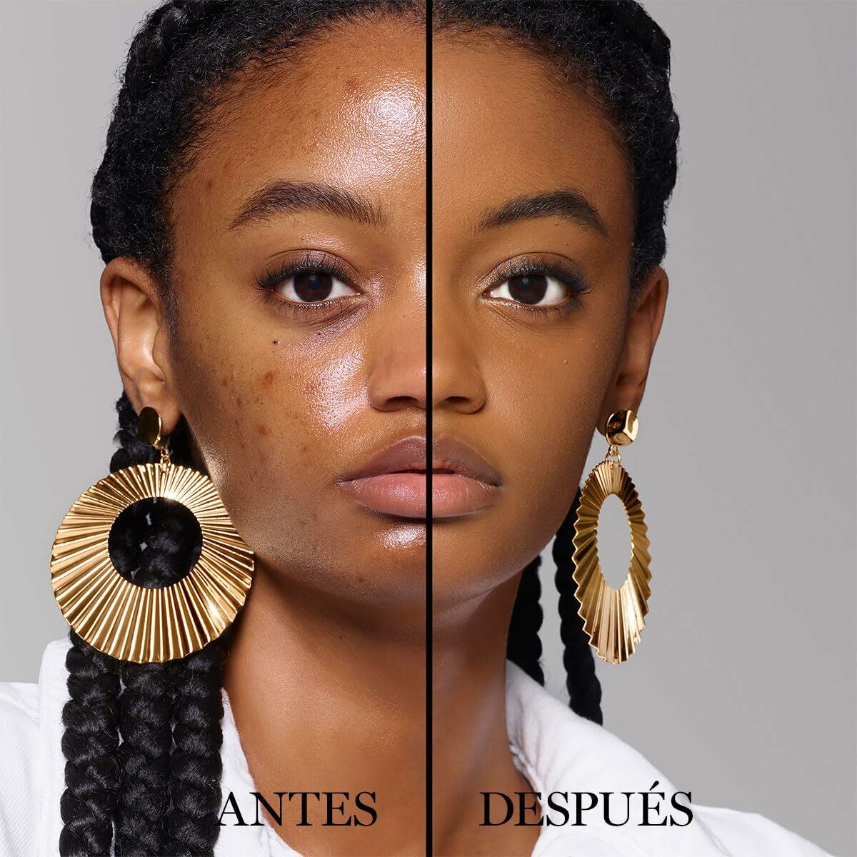 Image showing before and after results with makeup application on a model, highlighting skin improvement and radiant look.