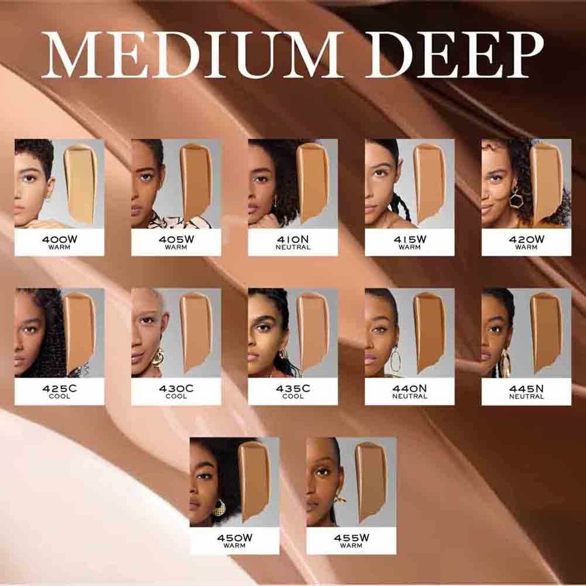 Swatch guide for Lancôme foundation shades in Medium Deep, showcasing warm, neutral, and cool tones.