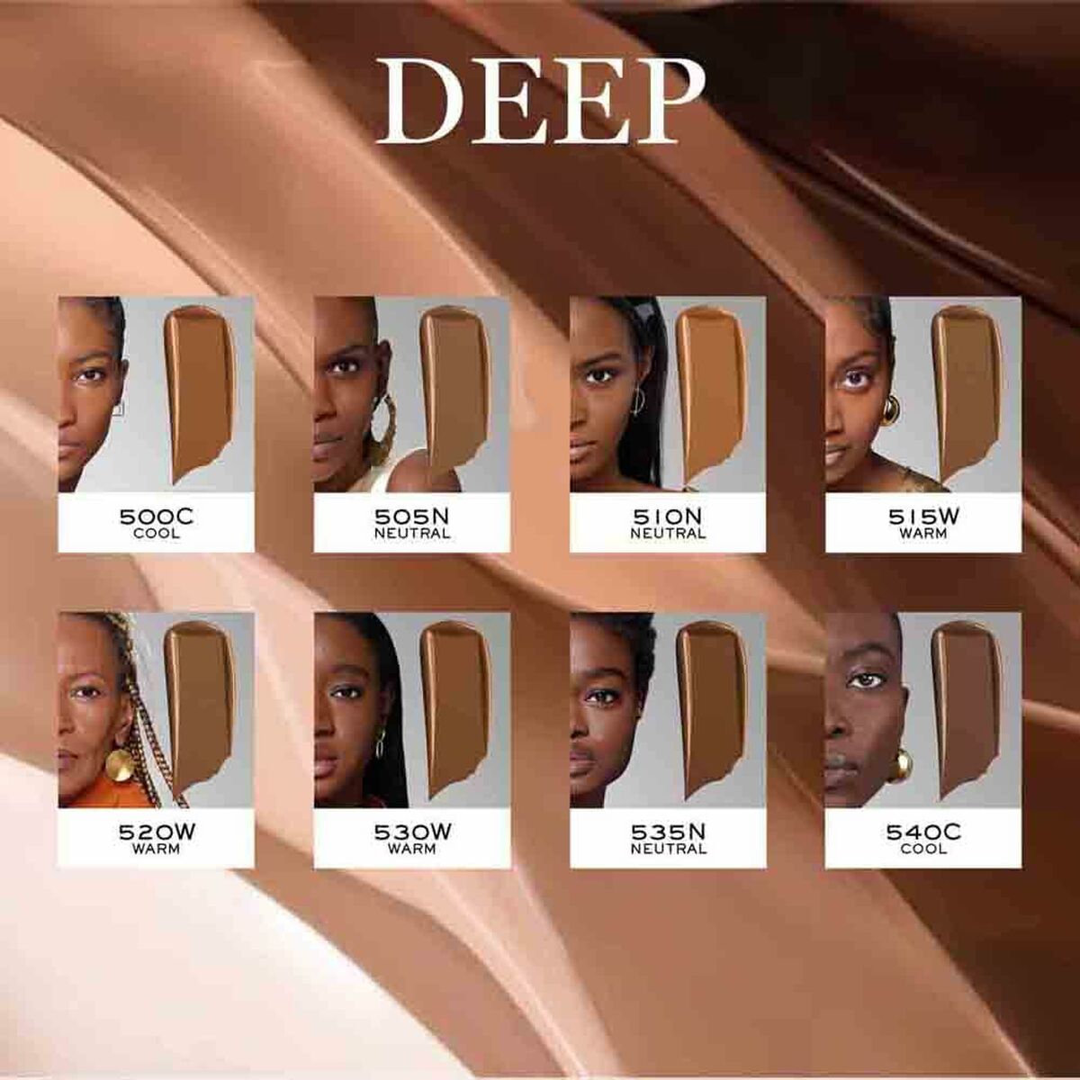Swatches of Lancôme foundation shades in deep tones: 500C, 505N, 510N, 515W, 520W, 530W, 535N, 540C.
