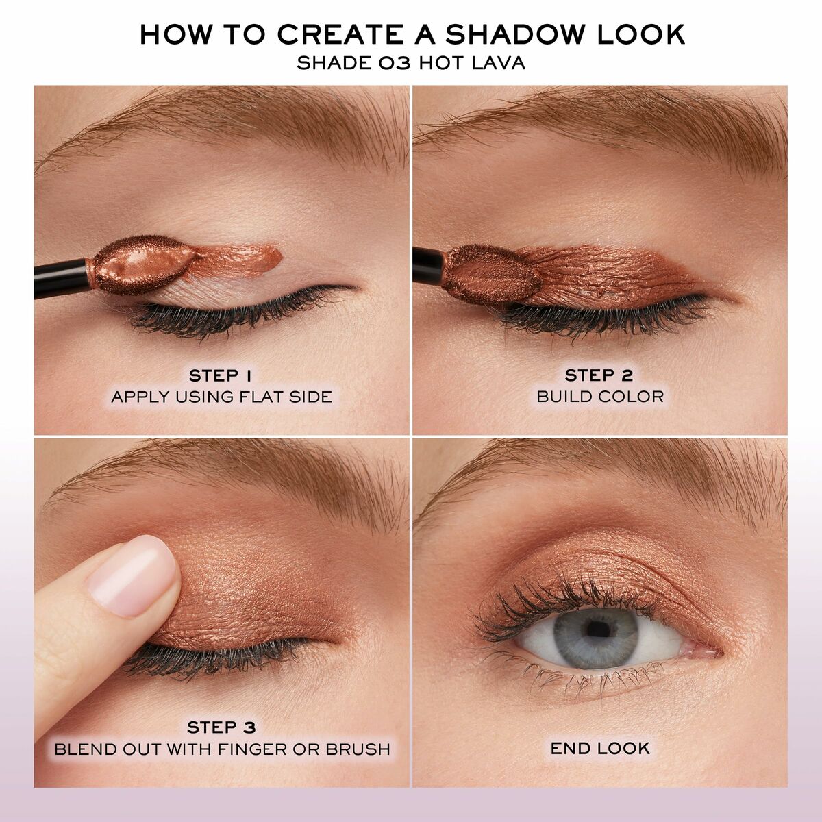Step-by-step guide to creating a shadow look using Shade O3 Hot Lava, featuring application and blending techniques.