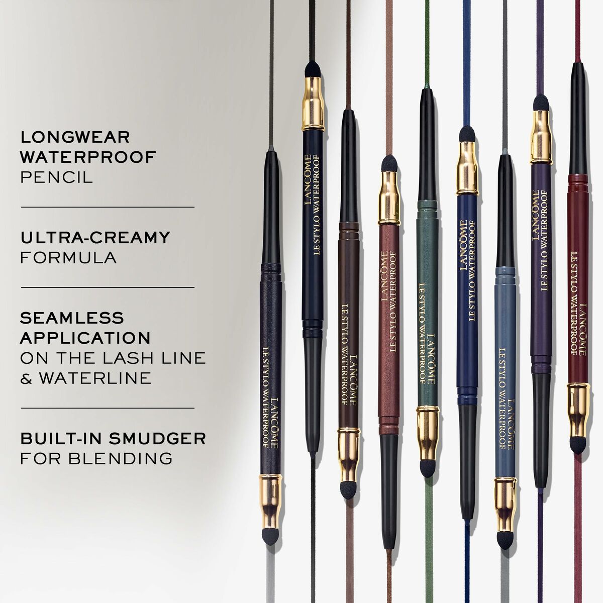 Lot Lancôme LE STYLO with waterproof formulas, features various shades and built-in smudger for seamless application.