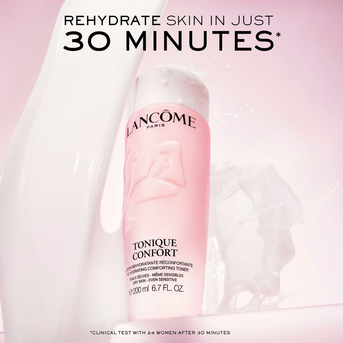 Lancôme Tonique Confort 200 ml hydrating toner for sensitive skin, promotes rehydration in 30 minutes.