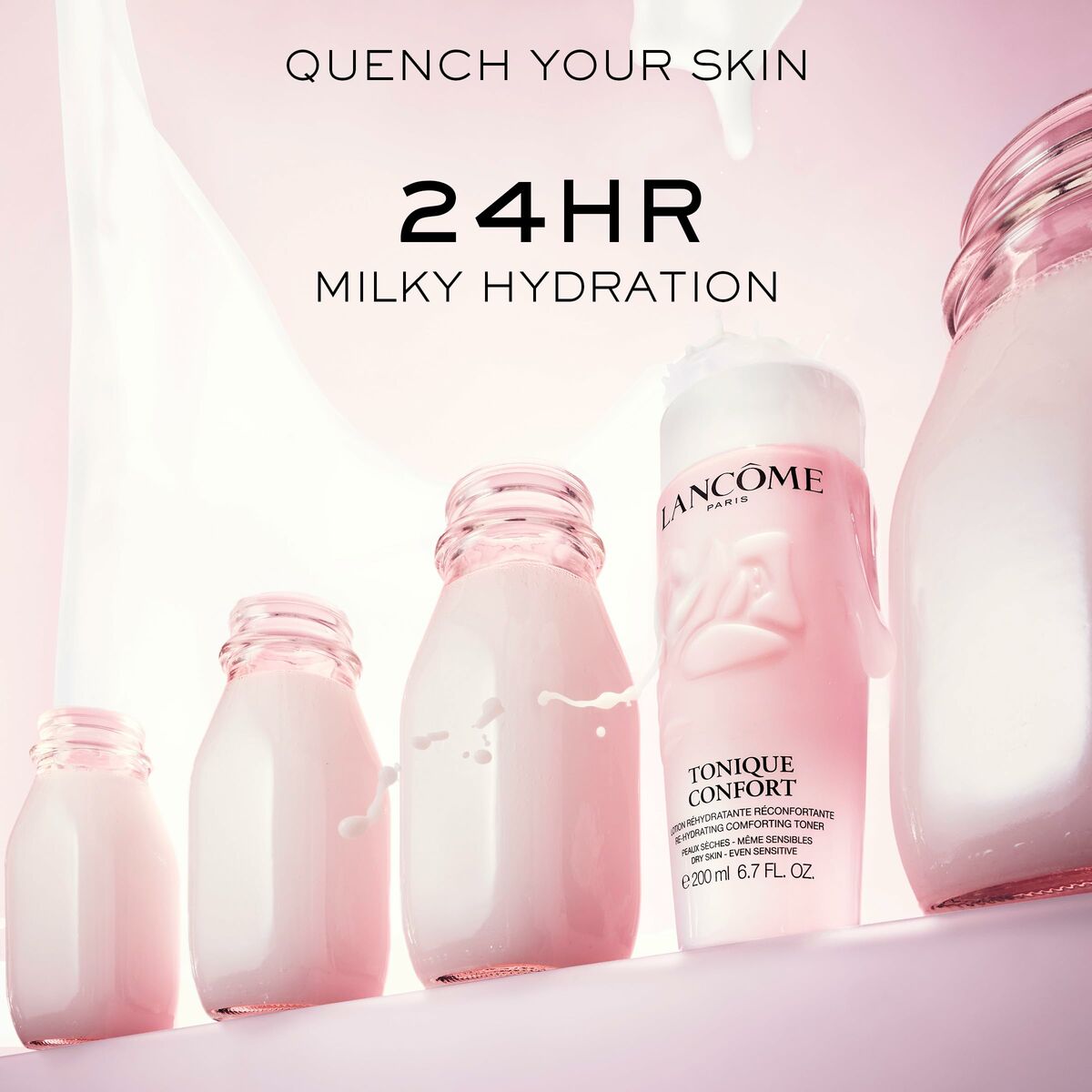 Lancôme skincare products showcasing 24-hour milky hydration in a creative display with pink tones.