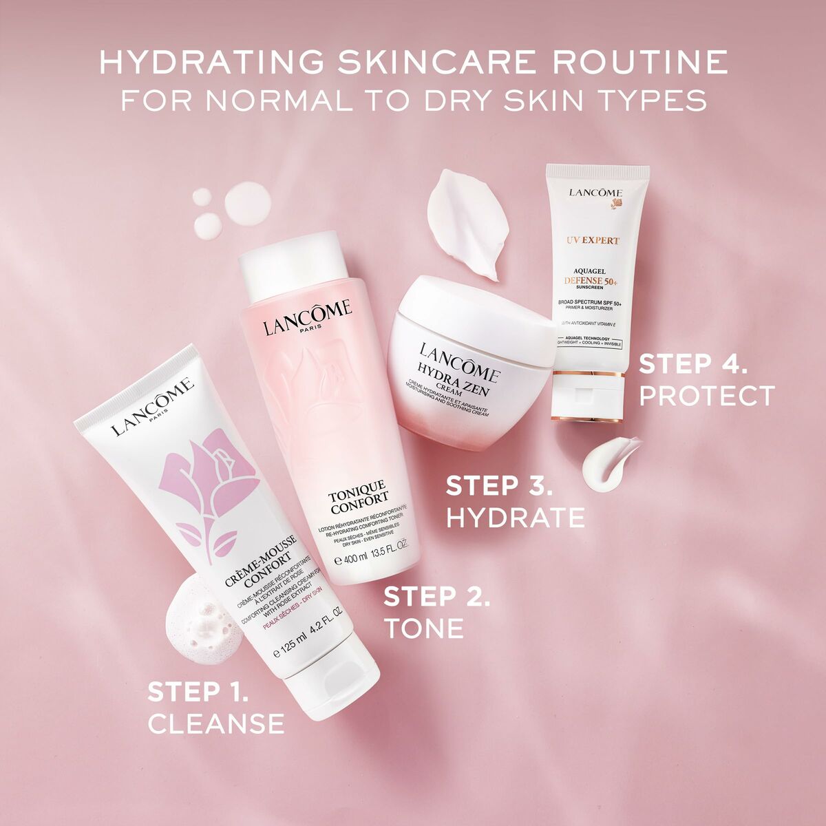 Lancôme hydrating skincare routine for normal to dry skin types with cleanser, toner, hydrator, and protector.