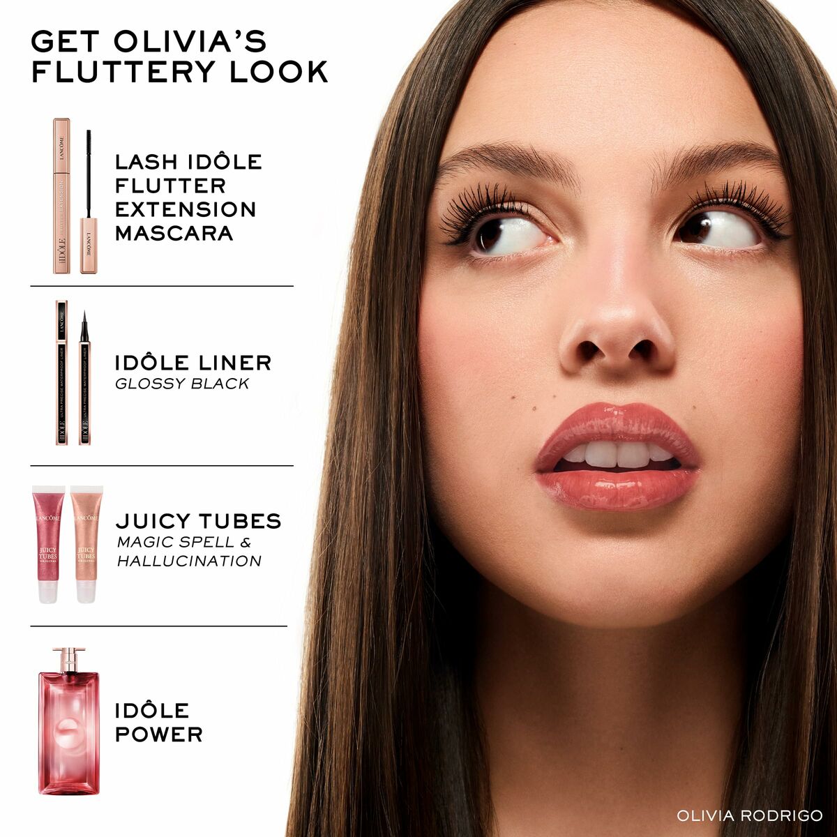 Olivia Rodrigo showcasing makeup products: Lash Idôle mascara, Idôle liner, and Juicy Tubes lip gloss.
