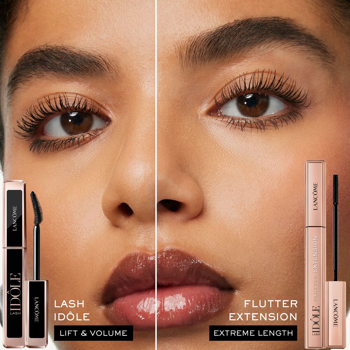 Model showcasing Lancôme LASH IDÔLE mascara for lift and volume, alongside Flutter Extension for extreme length.