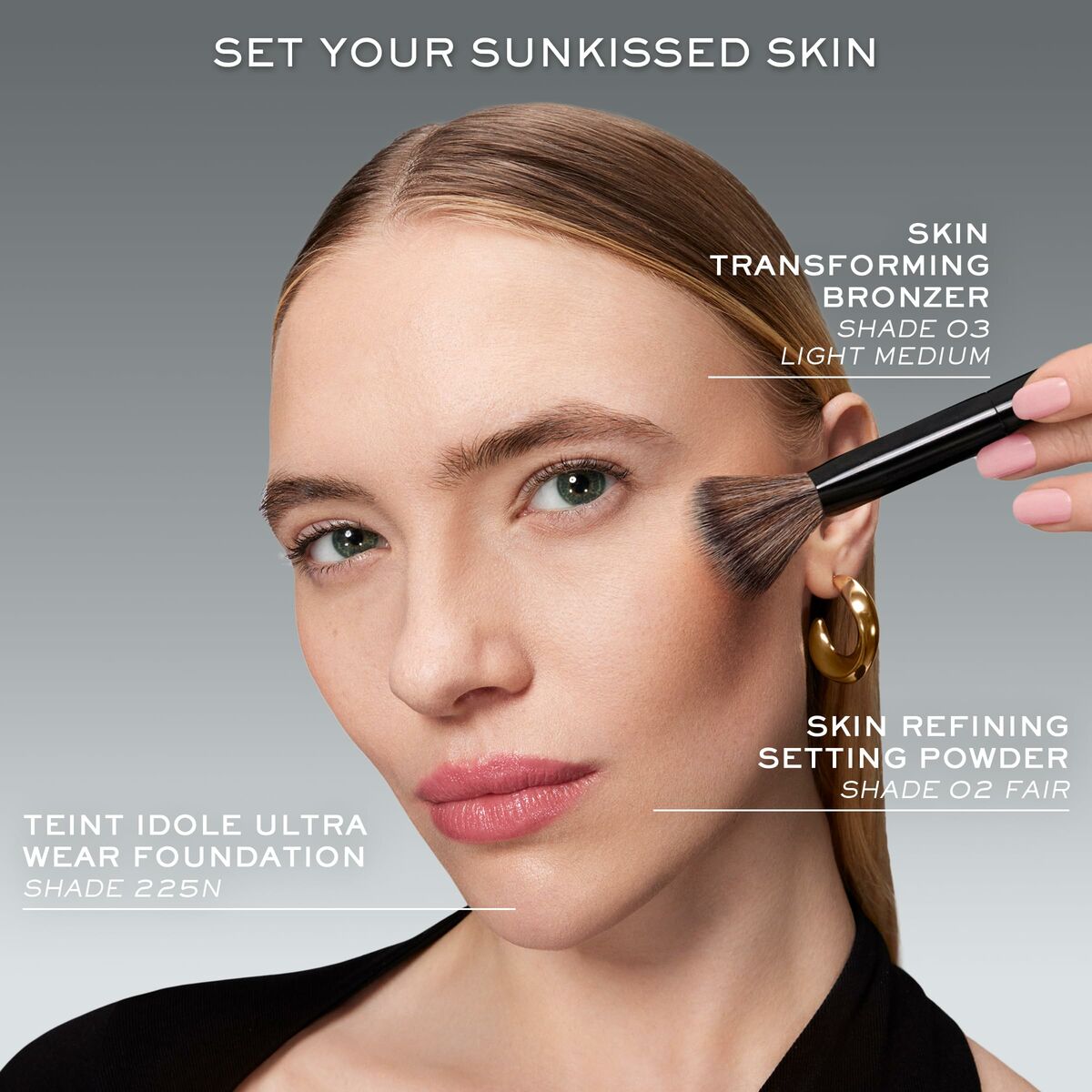 Model applying Lancôme TEINT IDOLE ULTRA WEAR makeup with bronzer and setting powder for a sunkissed look.