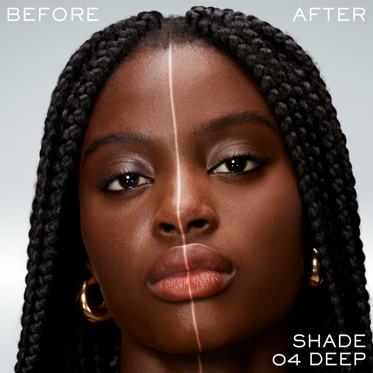 Before and after makeup comparison using Lancôme Teint Idole Ultra Wear in Shade 04 Deep.