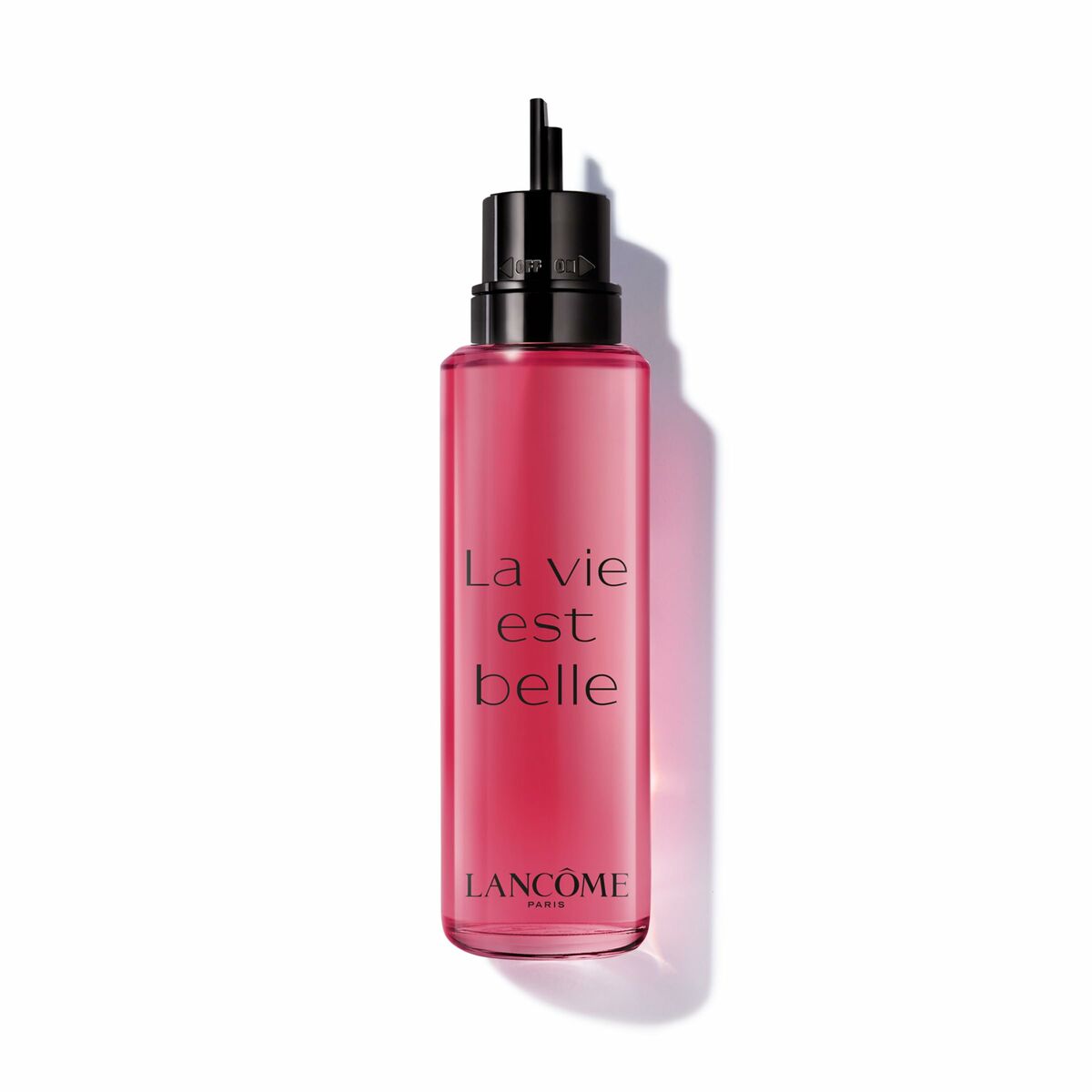 Flacon de parfum Lancôme La Vie Est Belle 100 ml, mettant en valeur sa couleur rose et son design élégant.