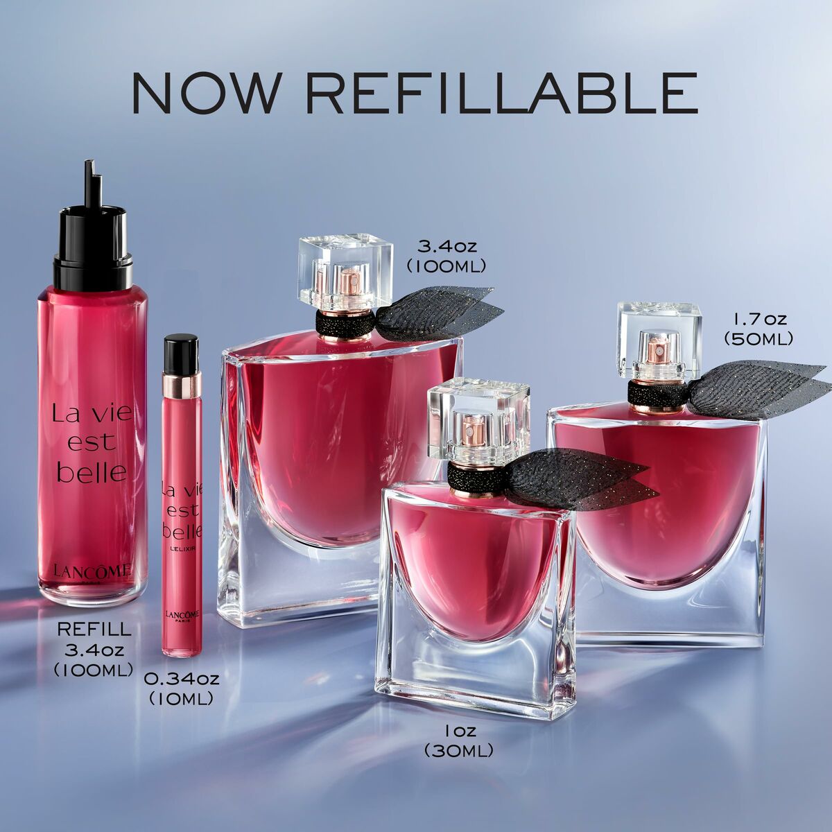 Lancôme La Vie Est Belle refillable perfume collection featuring various bottle sizes.